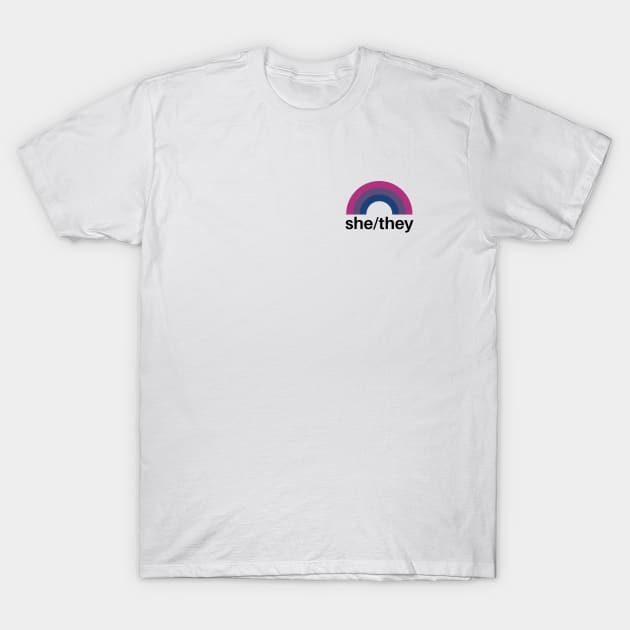 She/They Pronouns Bisexual Pride T-Shirt by lavenderhearts